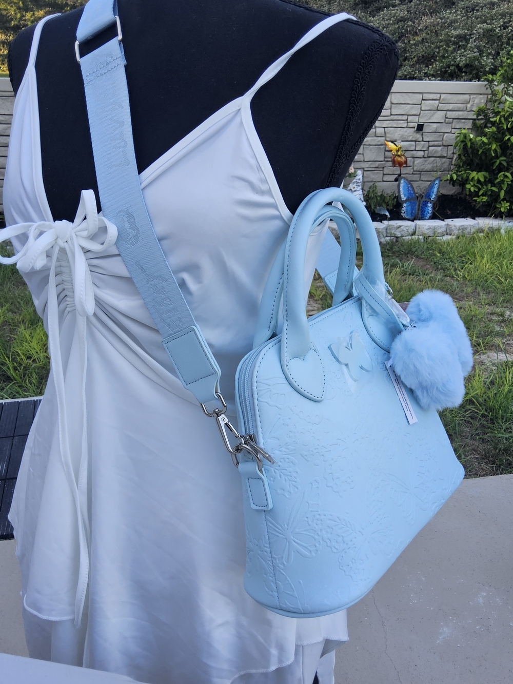 NWT- Light Blue Women's Satchel Handbag with Heart Handles and Pom-Pom Charm - Picture 4 of 5
